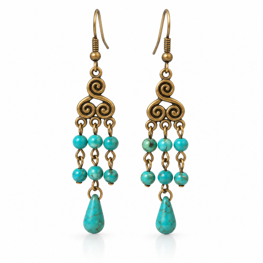 Turquoise and Antiqued Brass Dangle Earrings – Handcrafted, 2.5 Inch