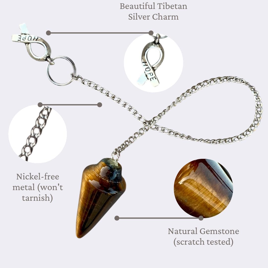 Natural Gemstone Smooth Conical Crystal Pendulum with Charm, Nickle Free Chain, Reiki Meditation Dowsing Tool (Tigers Eye)