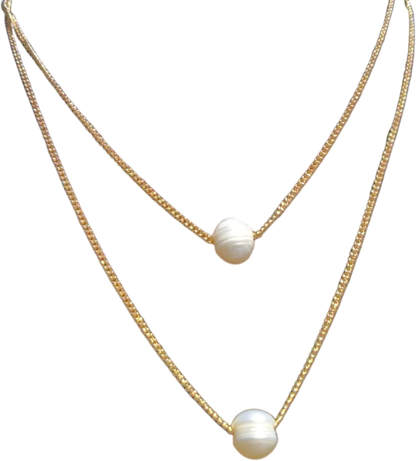 Extrinsic Beauty Natural freshwater pearl 18K Gold Plated Curb Chain Necklaces set of 2, Dainty Layered Design for Women - sea & sky collection wedding gift, women gift