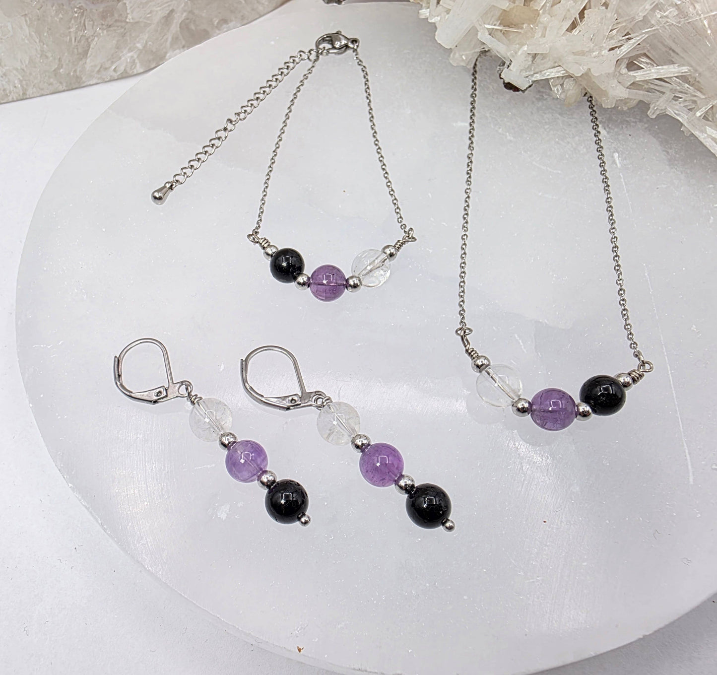 SACRED SPACE -Clear Quartz, Amethyst, Black Onyx Jewelry Set