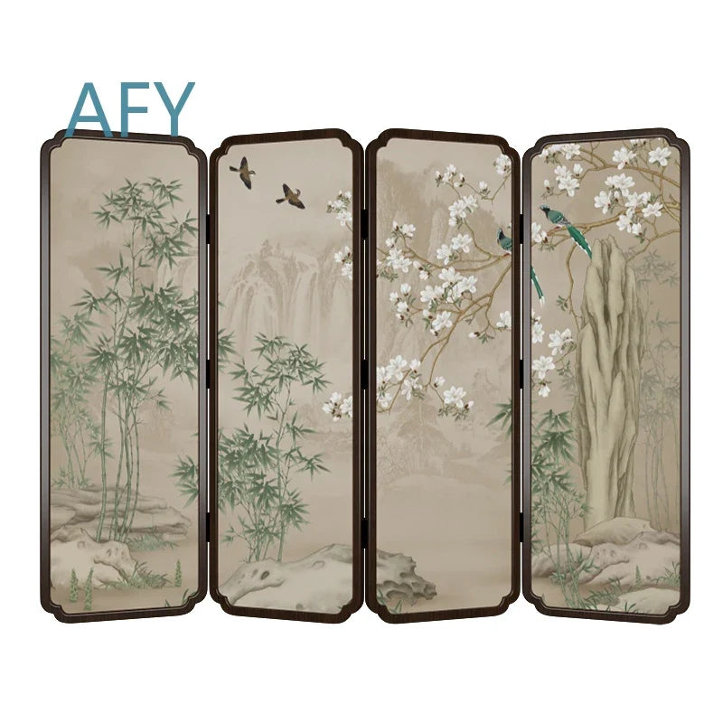 Zen Wood Folding Screen Partition | Floral & Bird Room Divider