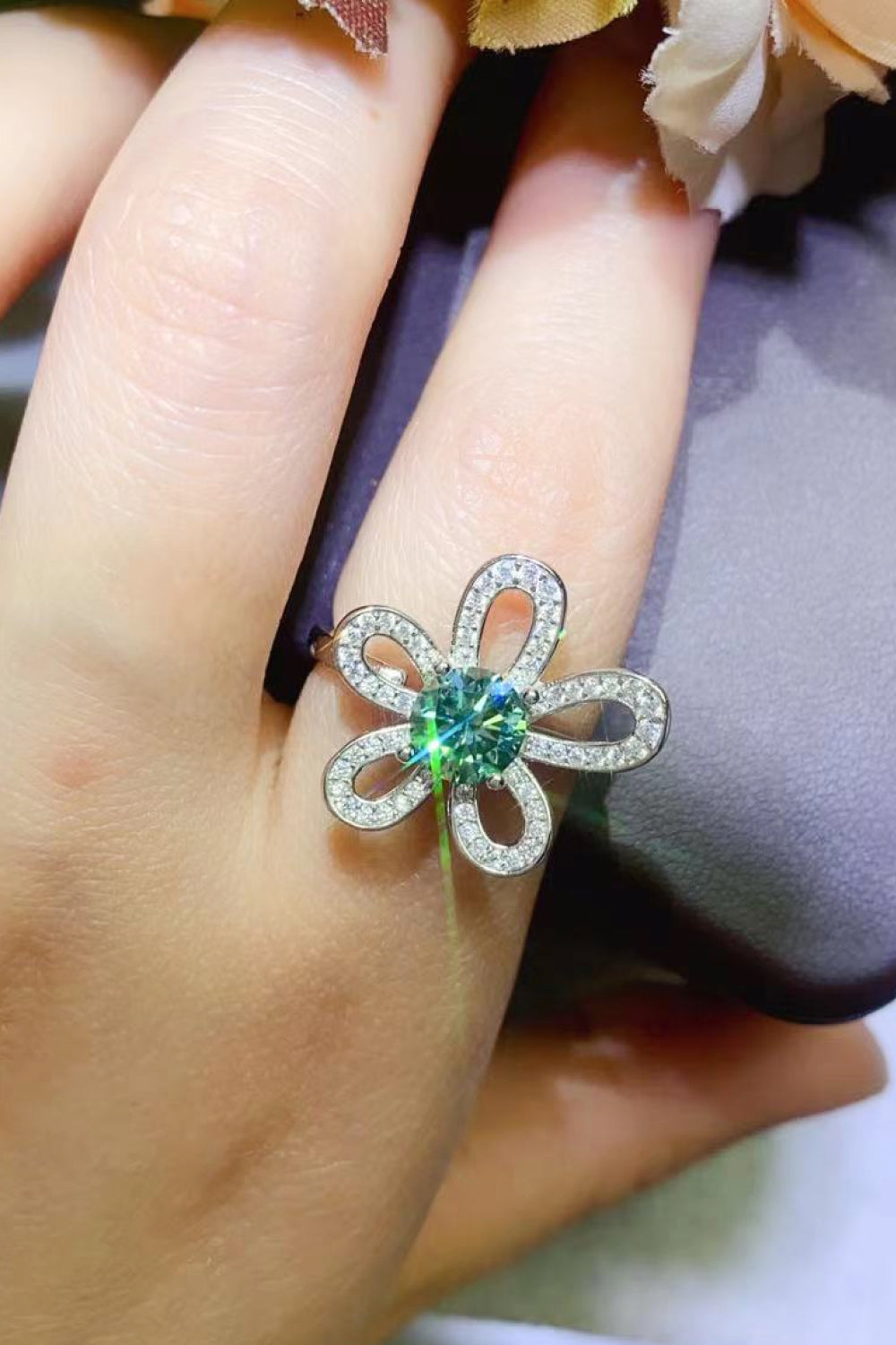 1 Carat Green Sparkala™ Flower Shape Open Ring