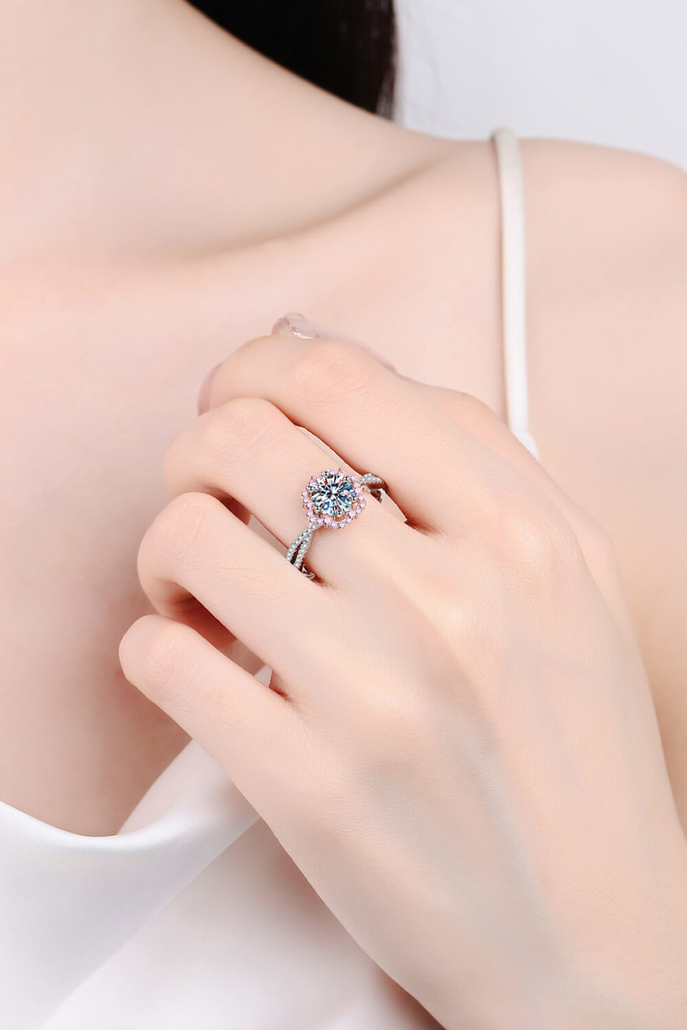 1 Carat Pink Brilliant Round Cut Sparkala™ Flower-Shaped Crisscross 925 sterling silver Ring