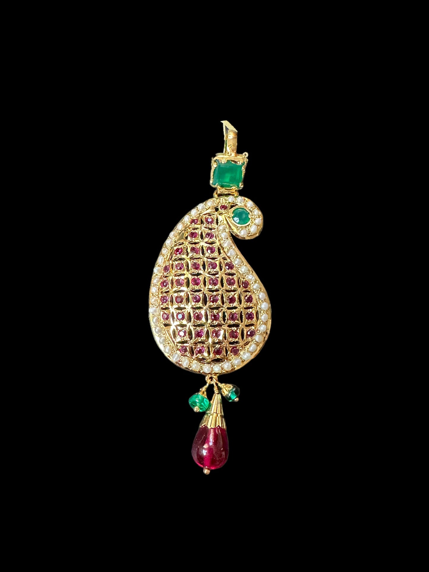Gold‑Plated Jadau Silver Pendant Set in Ruby & Emeralds 
 ( SHIPS IN 5 WEEKS )