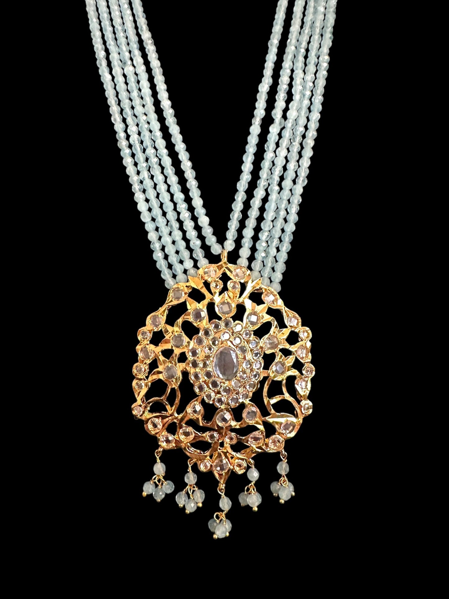 DLN123 Himah long necklace with earrings in real aquamarine beads ( SHIPS IN 2 WEEKS )