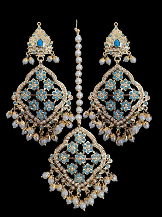 DJET91 Mehru Jadau chandbali earrings tika in turquoise/feroza pearls ( READY TO SHIP )