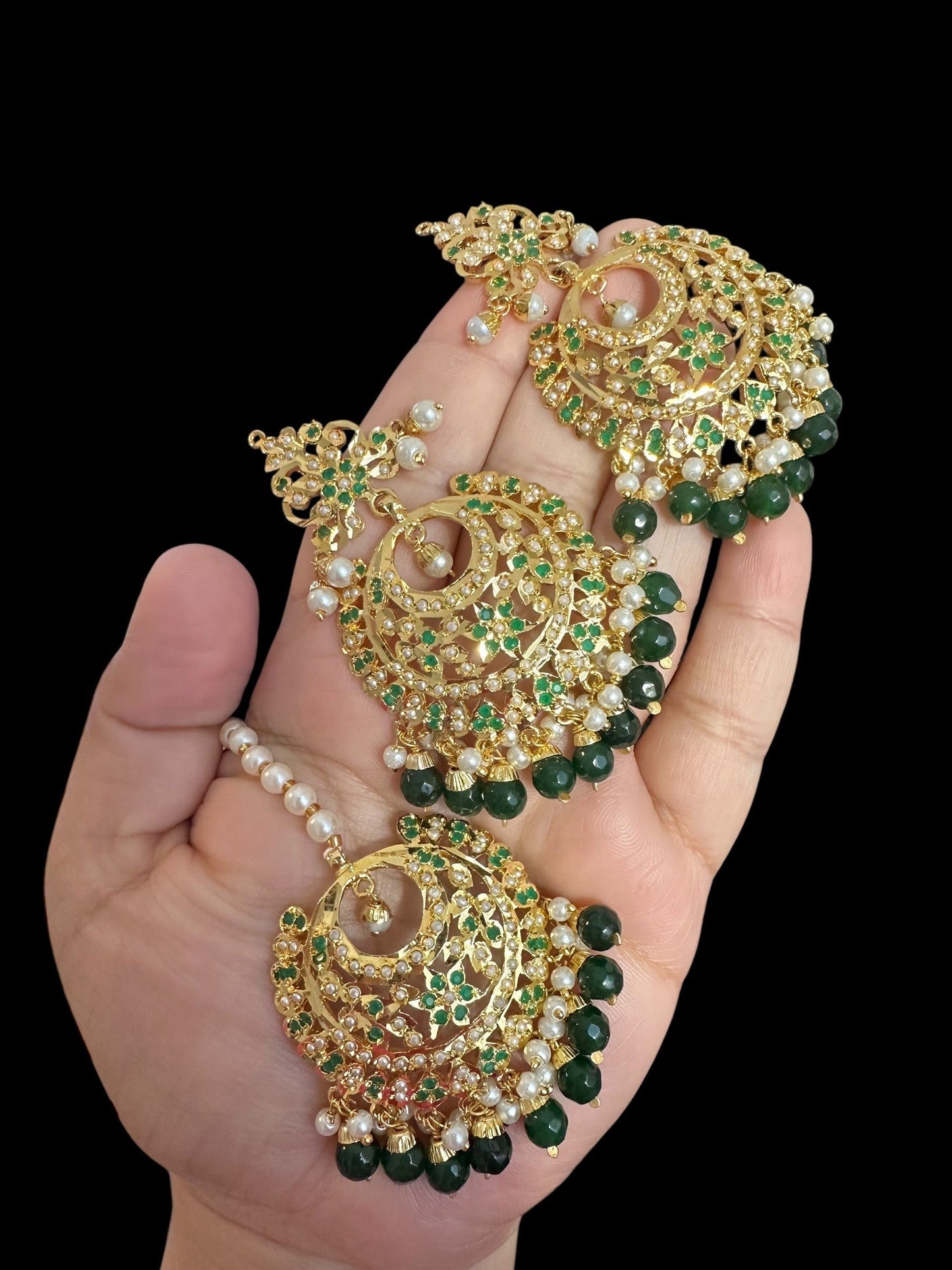 DJET84 Dafiya Gold Plated emerald Chandbali Earrings & Tika Set | Ready to Ship | Deccan Jewelry