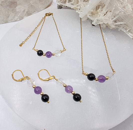 SACRED SPACE -Clear Quartz, Amethyst, Black Onyx Jewelry Set