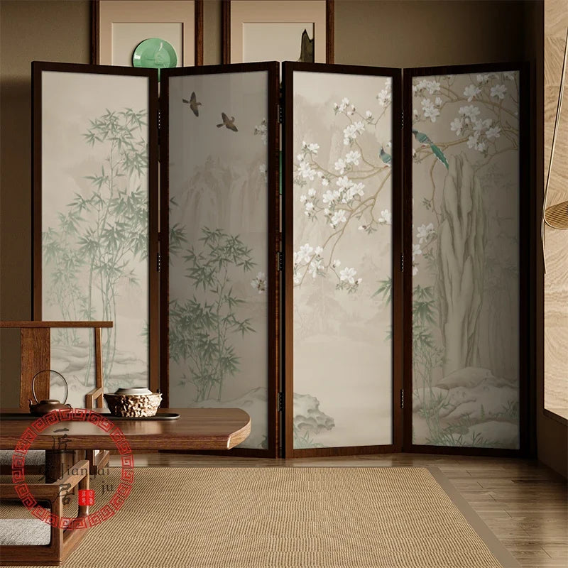 Zen Wood Folding Screen Partition | Floral & Bird Room Divider