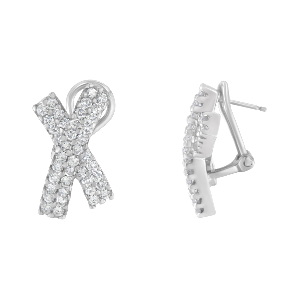 14K White Gold 2.0 Cttw Round-Brilliant Cut Diamond Domed X Shaped Omega Back Stud Earrings (H-I Color, I1-I2 Clarity)