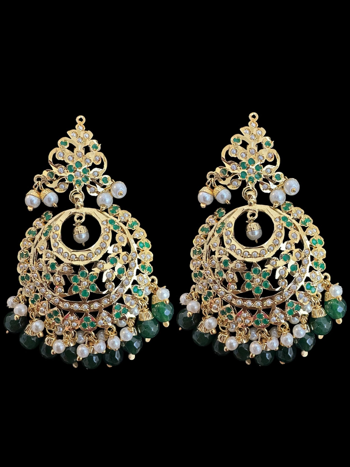 DJET84 Dafiya Gold Plated emerald Chandbali Earrings & Tika Set | Ready to Ship | Deccan Jewelry