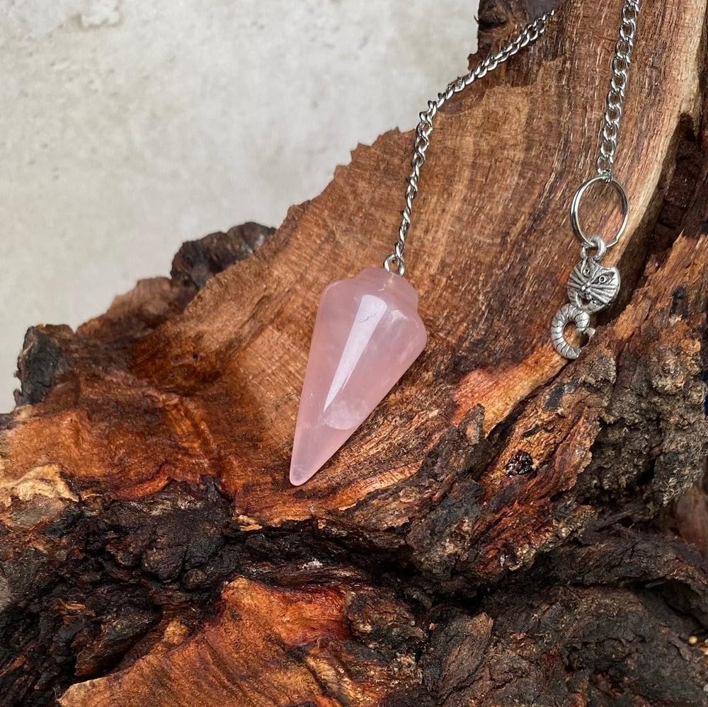 Natural Gemstone Smooth Conical Crystal Pendulum with Charm, Nickle Free Chain, Reiki Meditation Dowsing Tool (Rose Quartz)