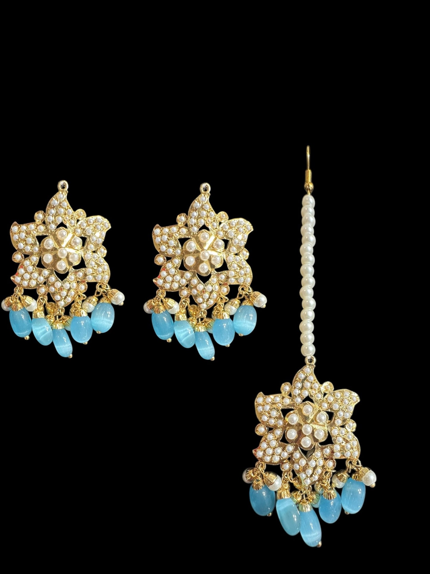 DJET65 Iza Jadau tops and tika set in pearls with turquoise blue beads ( READY TO SHIP )