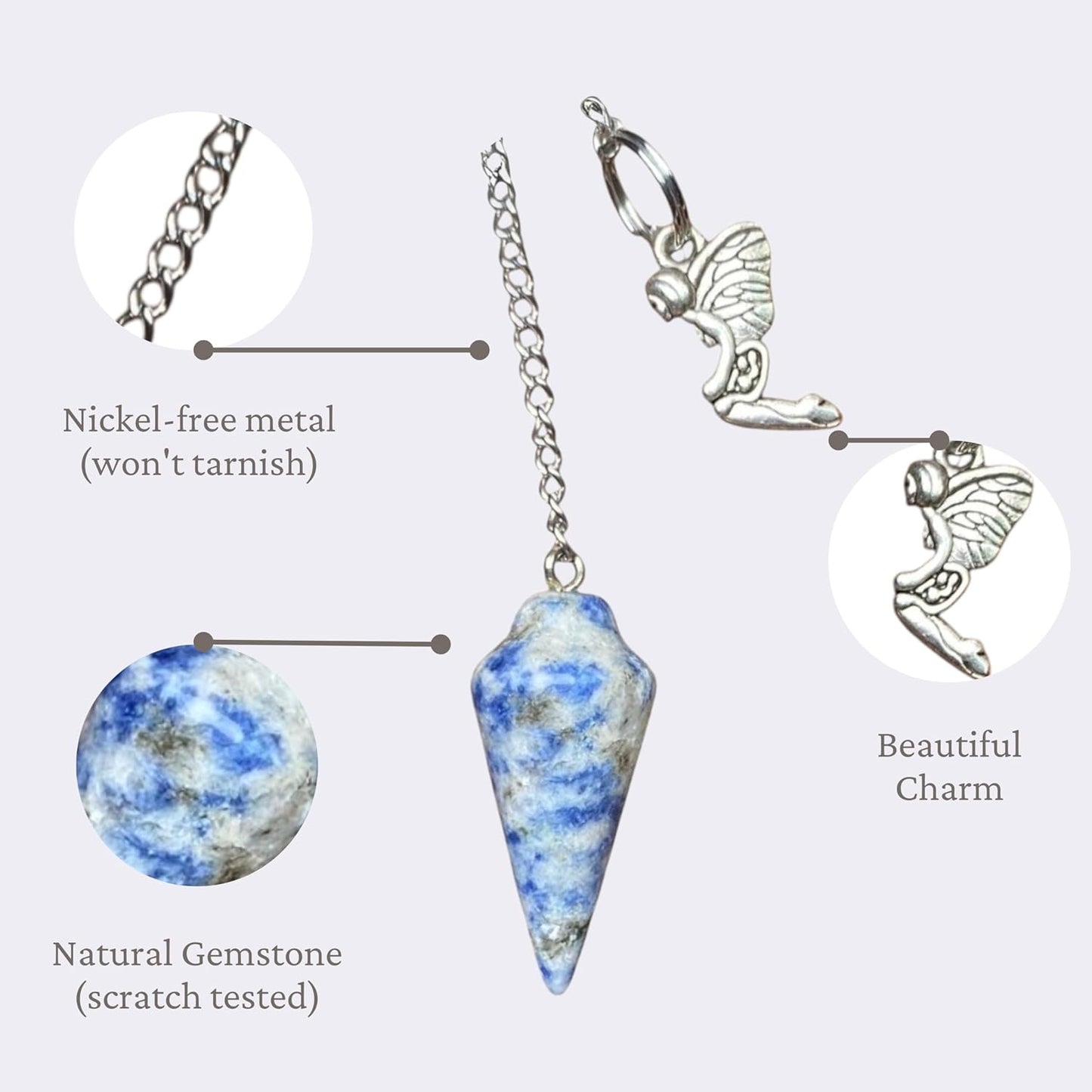 Natural Gemstone Smooth Conical Crystal Pendulum with Charm, Nickle Free Chain, Reiki Meditation Dowsing Tool (Sodalite)