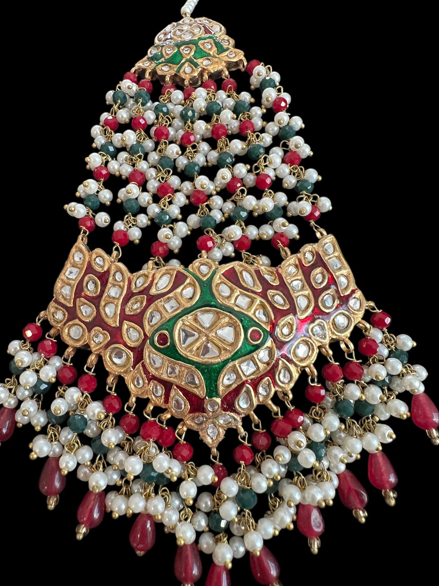 JTK36 kundan jhoomar tika in red and green meenakari  ( READY TO SHIP )