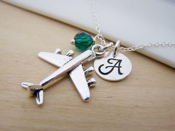 Airplane Charm Necklace – Personalized Initial & Birthstone – Travel Gift
