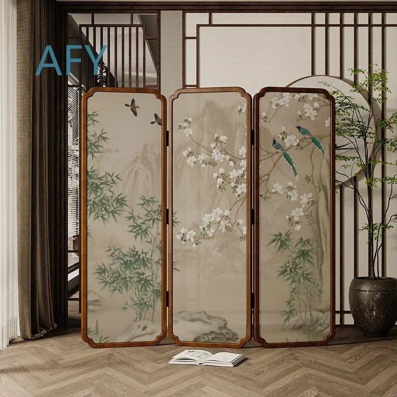 Zen Wood Folding Screen Partition | Floral & Bird Room Divider