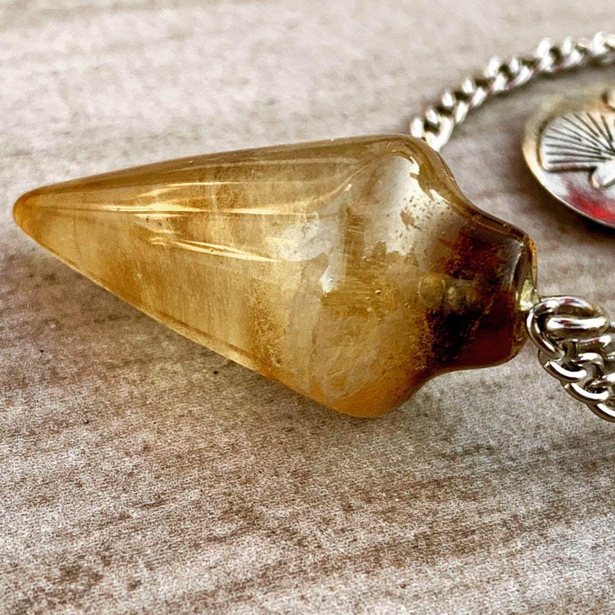 Natural Gemstone Smooth Conical Crystal Pendulum with Charm, Nickle Free Chain, Reiki Meditation Dowsing Tool (Smoky Quartz)