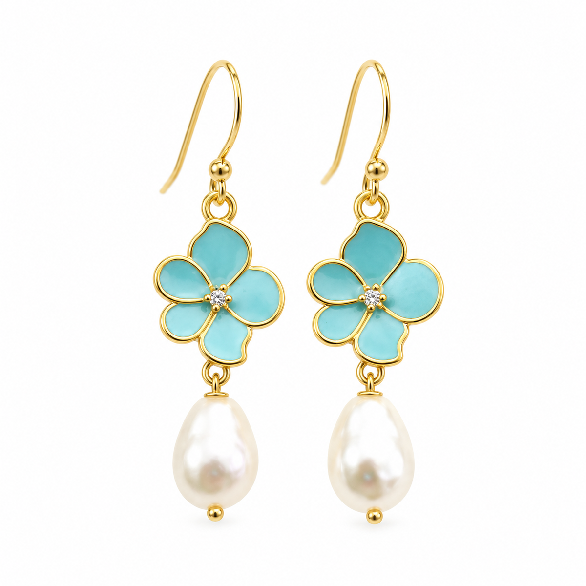 Aqua Flower & Pearl Earrings – 14K Gold Filled
