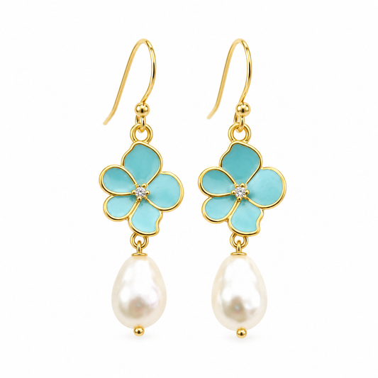Aqua Flower & Pearl Earrings – 14K Gold Filled