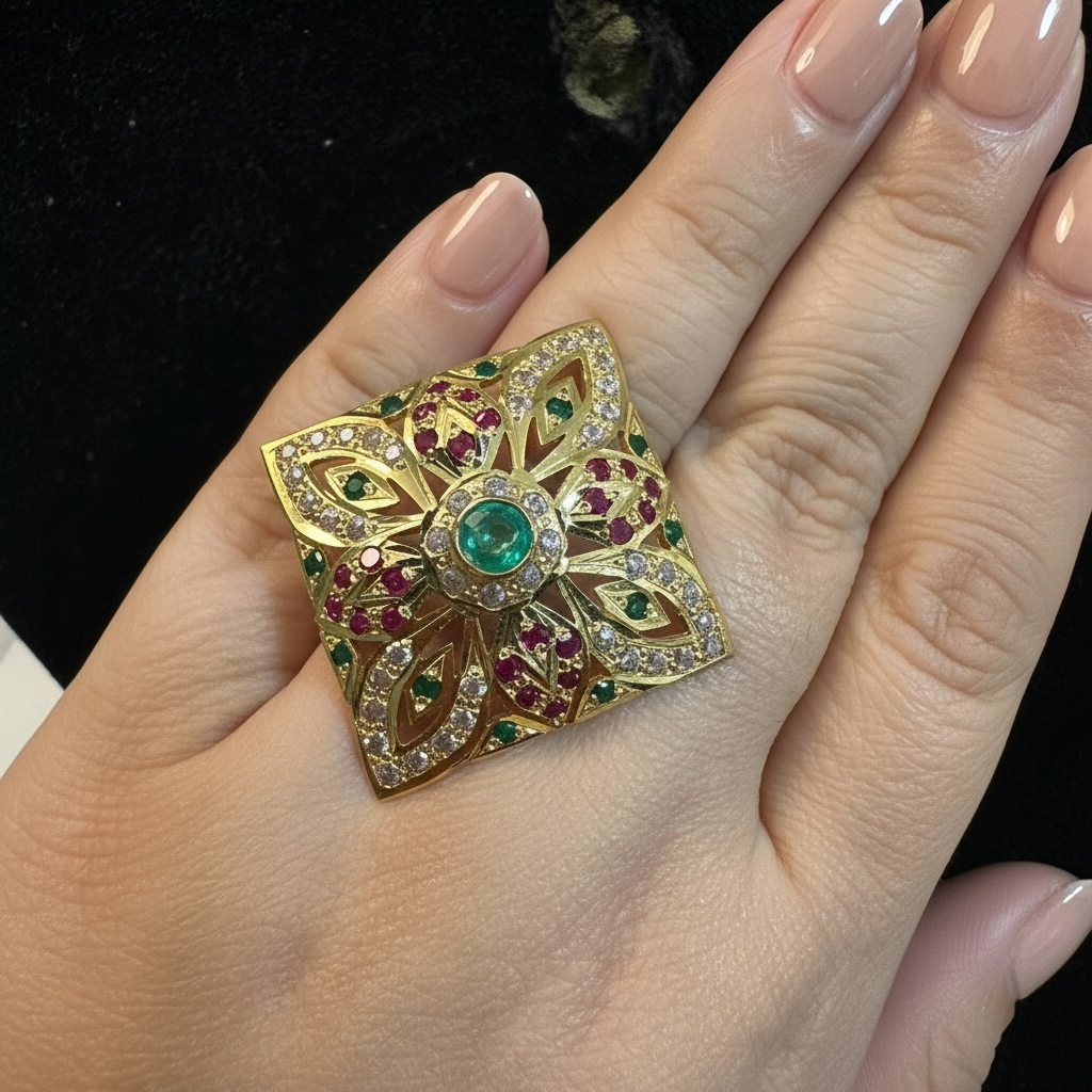 Ruby emerald gold plated silver ring ( SHIPS IN 5 WEEKS )