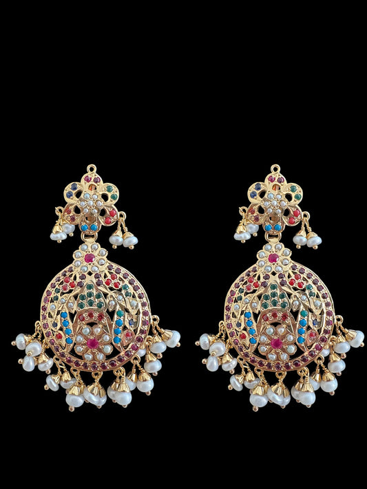 Navratan chandbali earrings in gold plated silver ( READY TO SHIP )