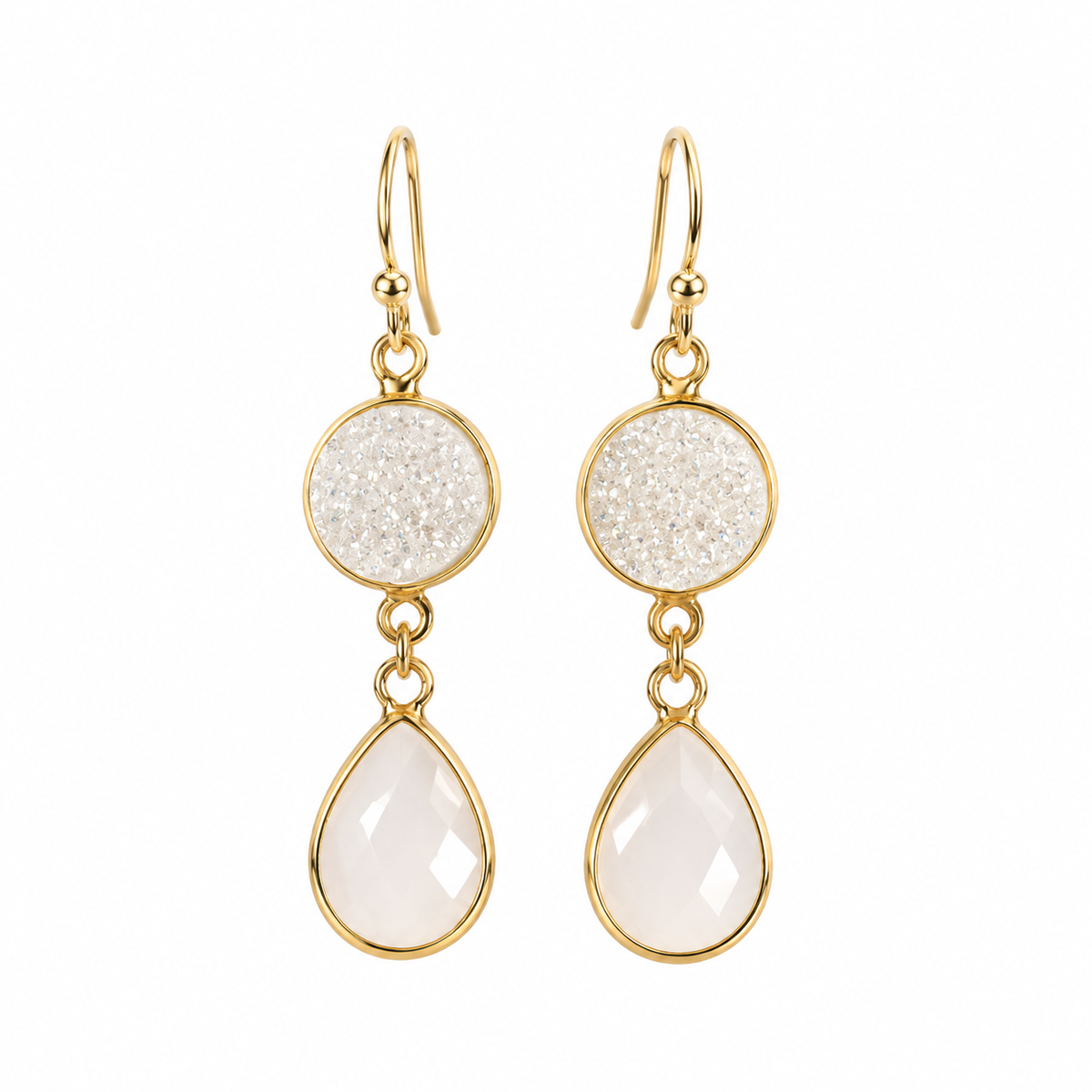 White Druzy & Glass Drop Earrings – 14k Gold Filled