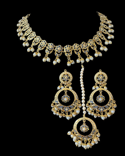 DNS202 sapphire pearl jadau necklace set with tika ( SHIPS IN 3 WEEKS )