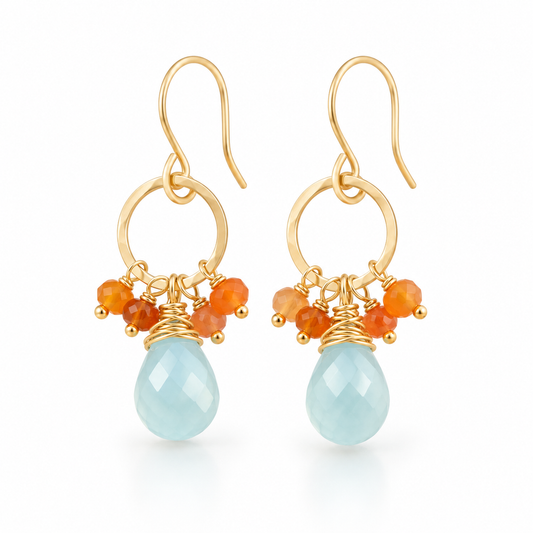 Aquamarine & Carnelian Gemstone Earrings – 14K Gold Filled