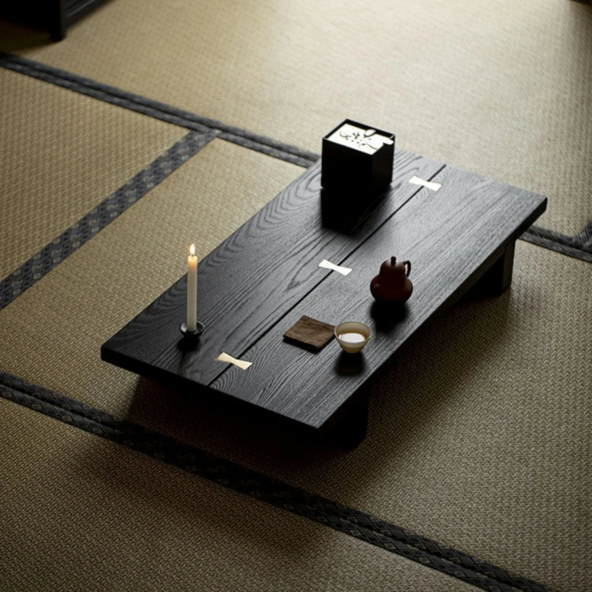Wabi-Sabi Low Wood Tea Table with Brass Inlay | Compact Floor Table