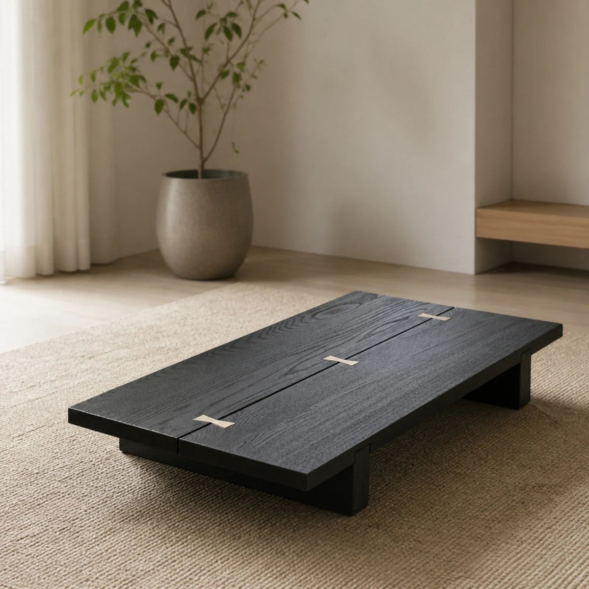 Wabi-Sabi Low Wood Tea Table with Brass Inlay | Compact Floor Table