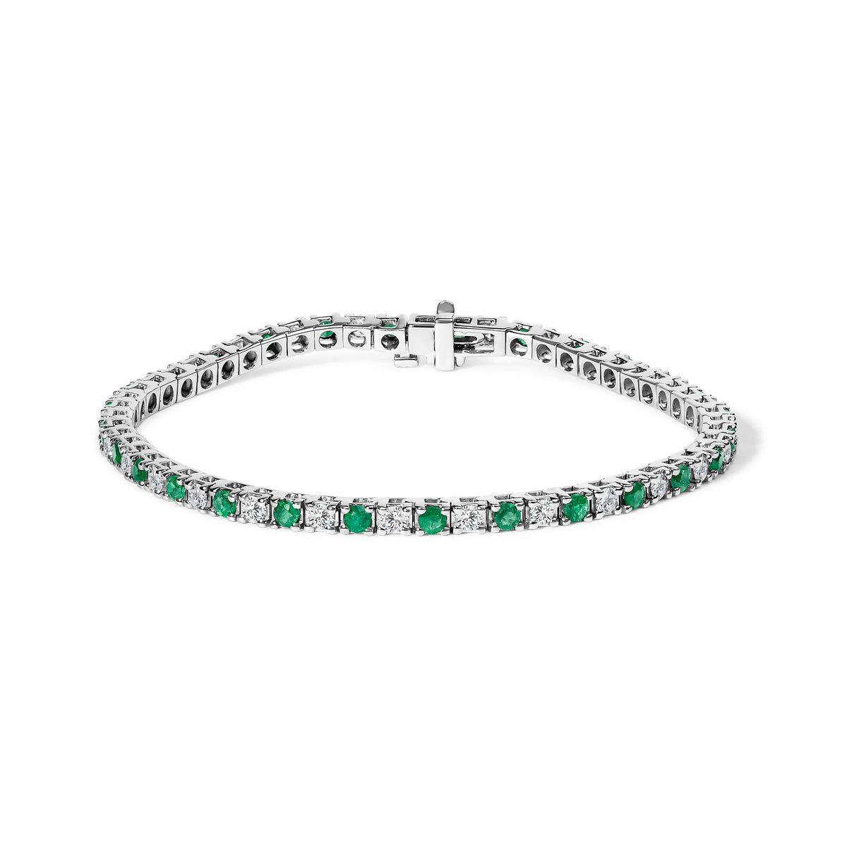 14K White Gold Alternating 1 1/2 Cttw Diamond and Emerald Tennis Bracelet