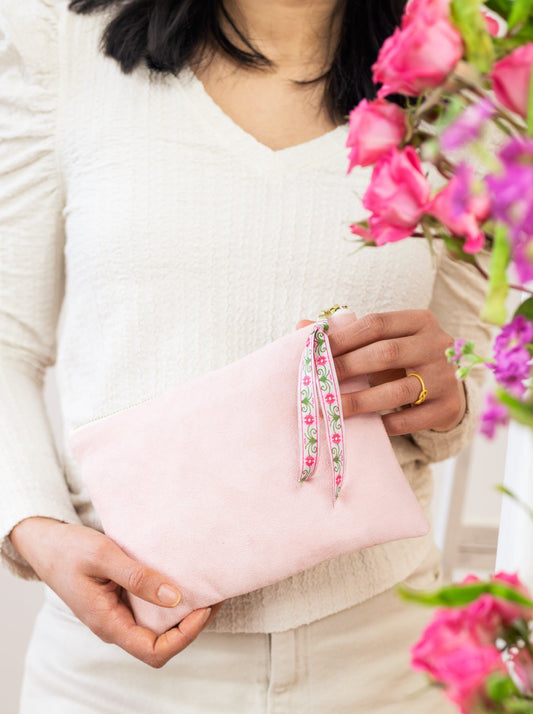 Pink Fleur Vegan Suede Clutch Purse