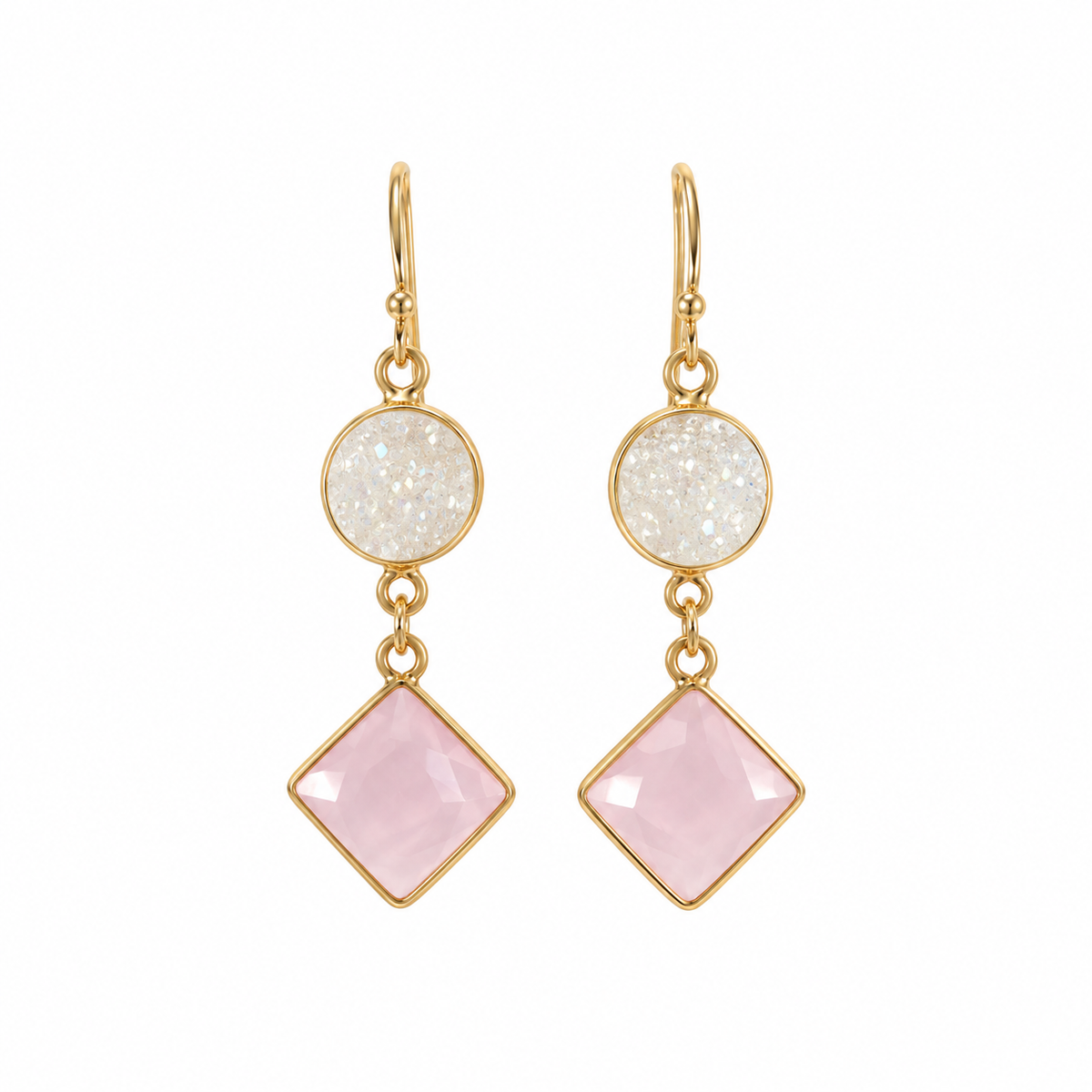 White Druzy & Rose Quartz Drop Earrings – 14k Gold Filled