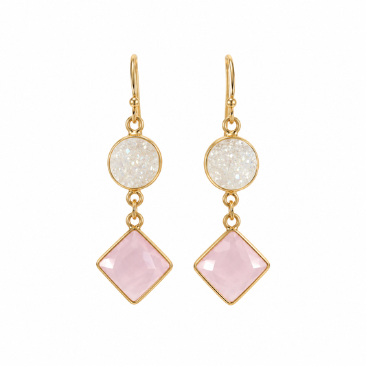White Druzy & Rose Quartz Drop Earrings – 14k Gold Filled