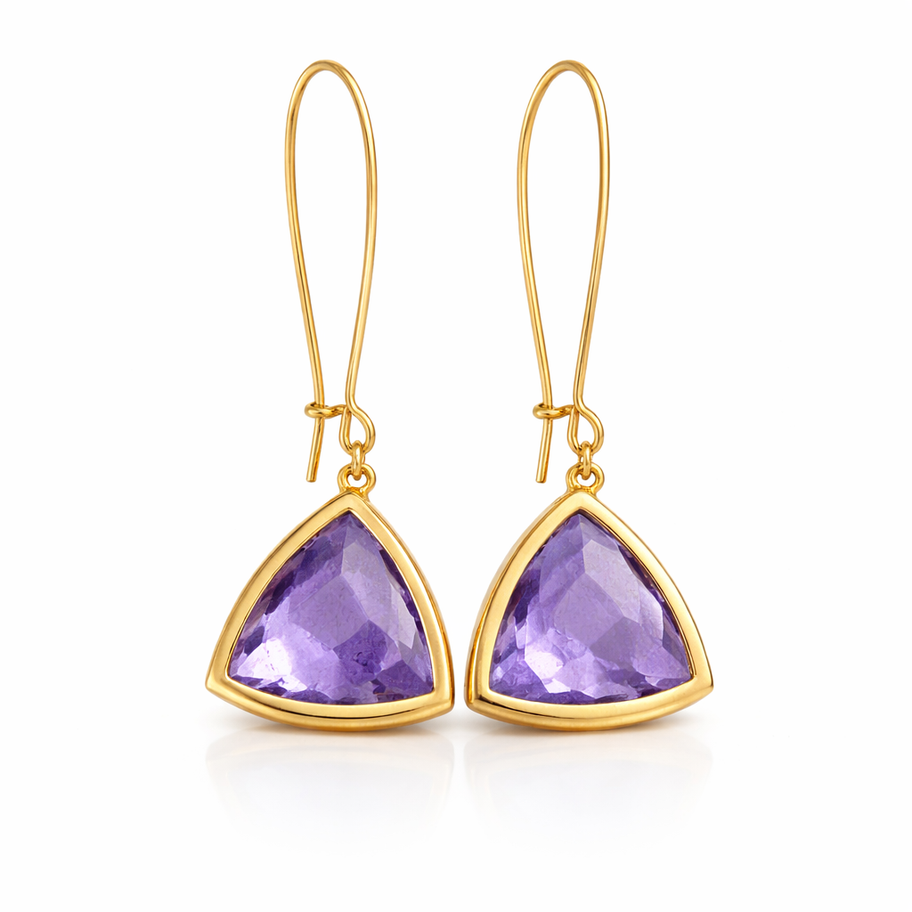 Amethyst Hydro Quartz Triangle Drop Earrings – Gold Plated Brass – 2” Geometric Purple Dangle Earrings