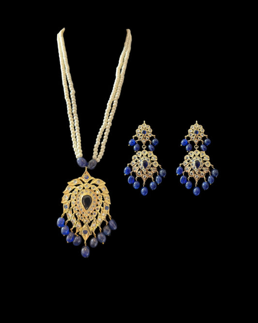 PS507 Alvira pendant set in sapphire blue with pearls  (READY TO SHIP)
