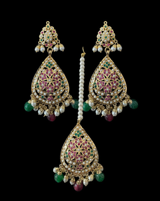 DJET94 Piya jadau earrings tika in ruby emerald pearls ( READY TO SHIP )