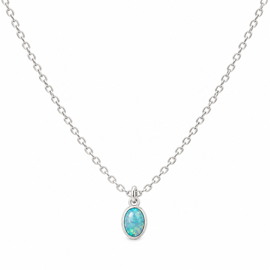 Tiny Opal Necklace – Dainty 16" Sterling Silver Chain with Oval Charm