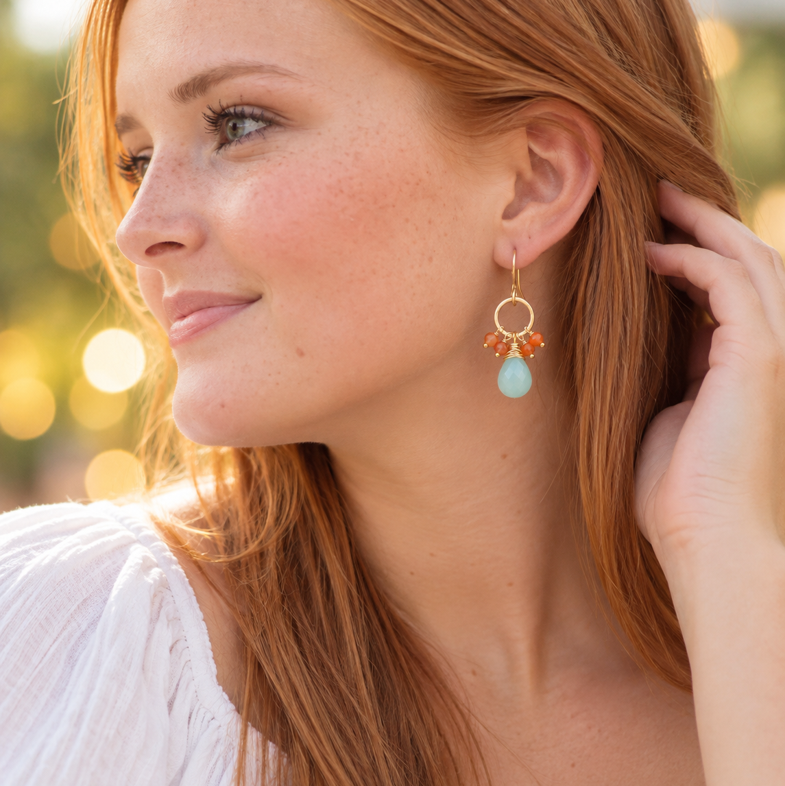 Aquamarine & Carnelian Gemstone Earrings – 14K Gold Filled
