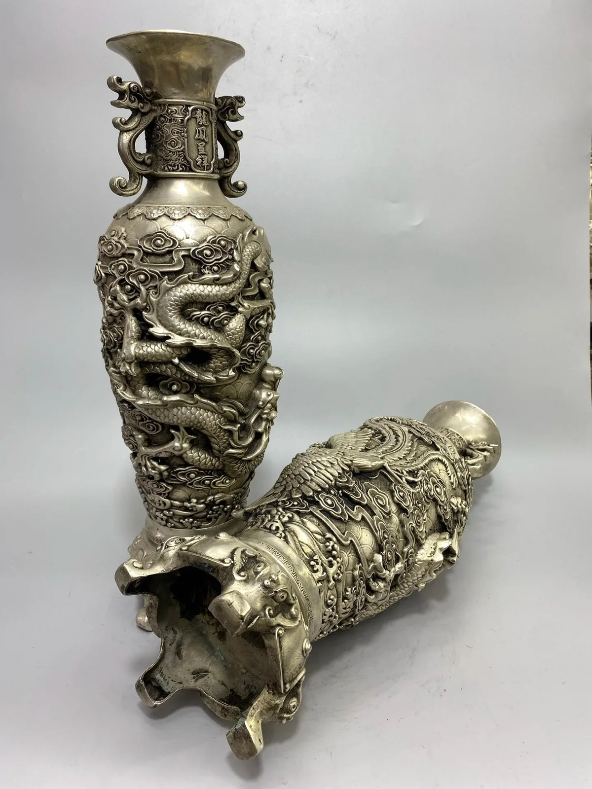 Tibetan Temple Vintage Bronze Pixiu Ear Vase – Gilded Silver Dragon & Phoenix (15")