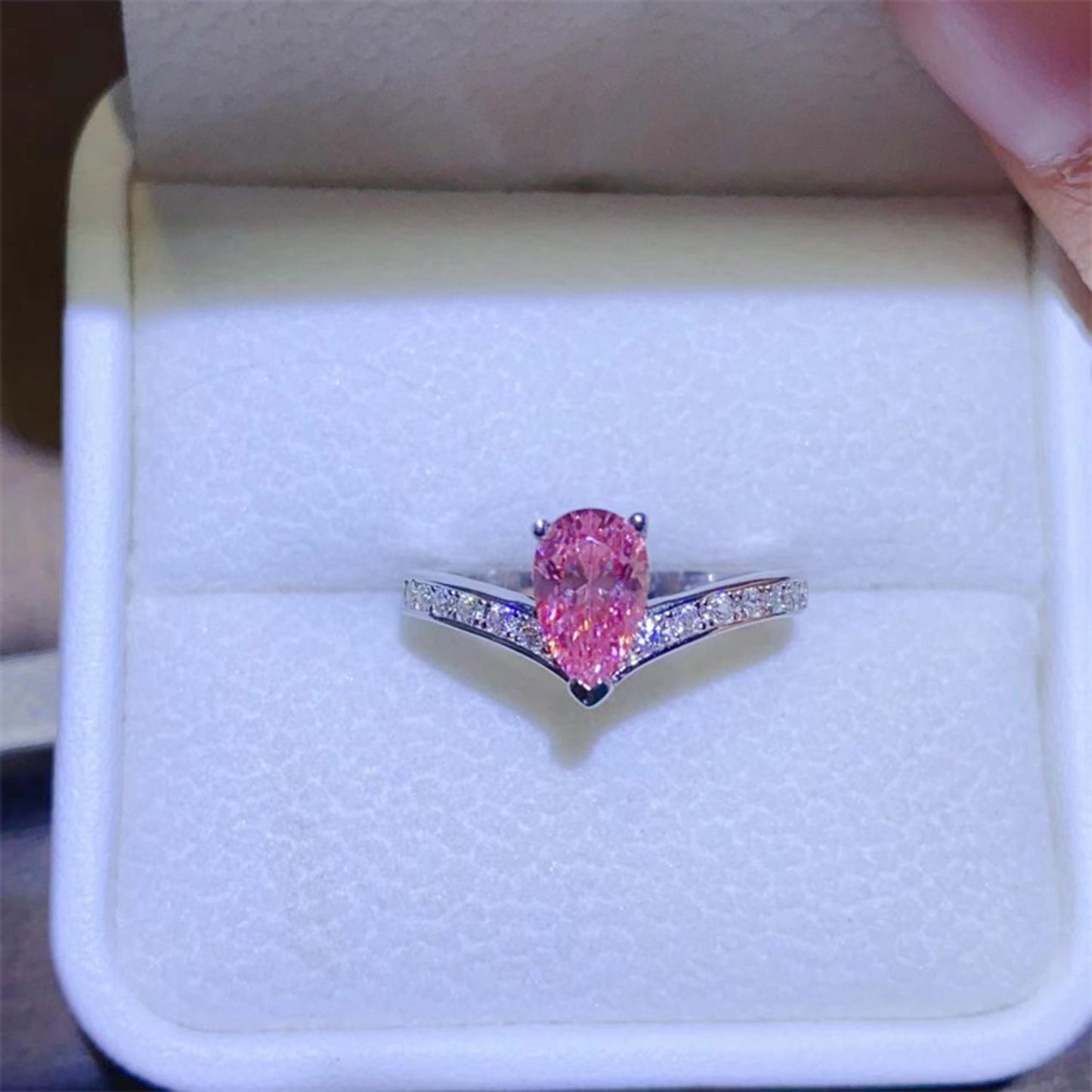 1 Carat Pear-Cut Pink Sparkala™ Platinum Over Pure Sterling Silver Ring