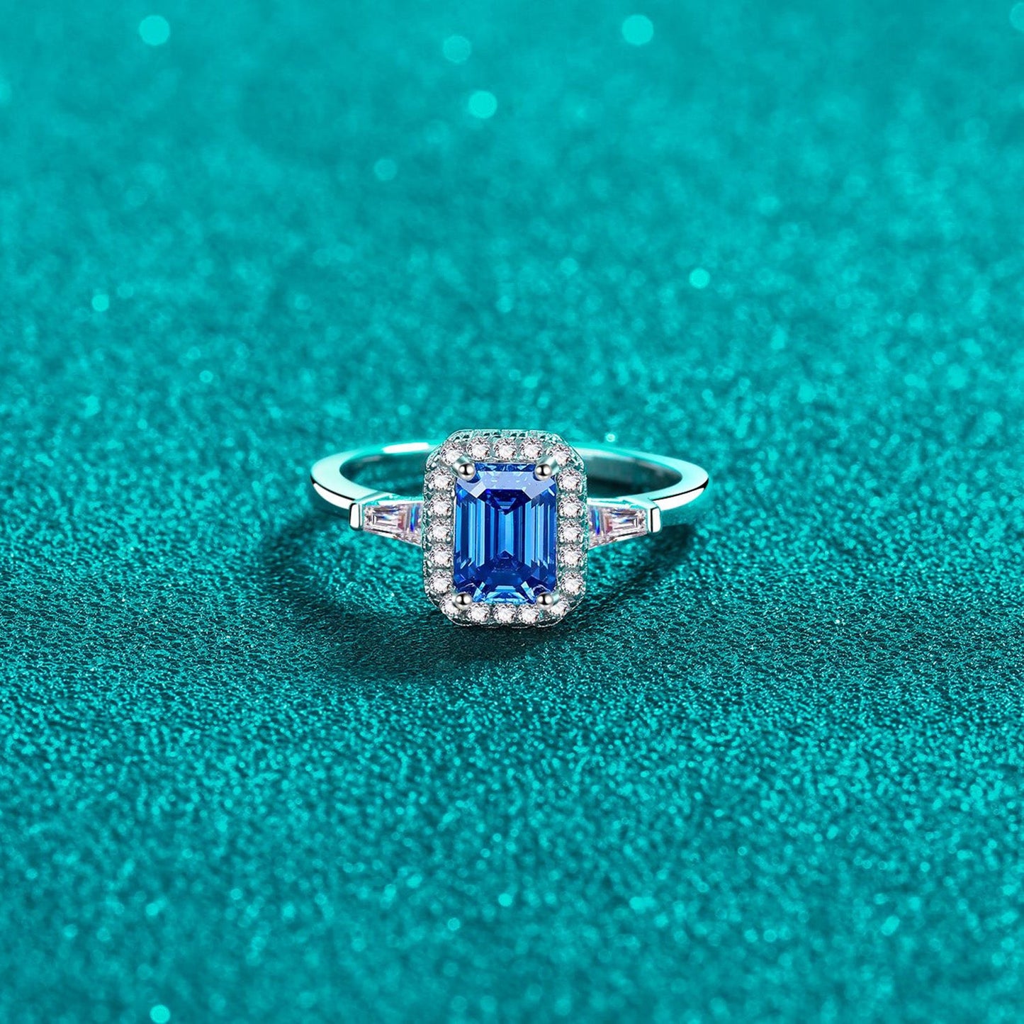 1 Carat Blue Emerald-Cut Sparkala™ Pure Sterling Silver Ring