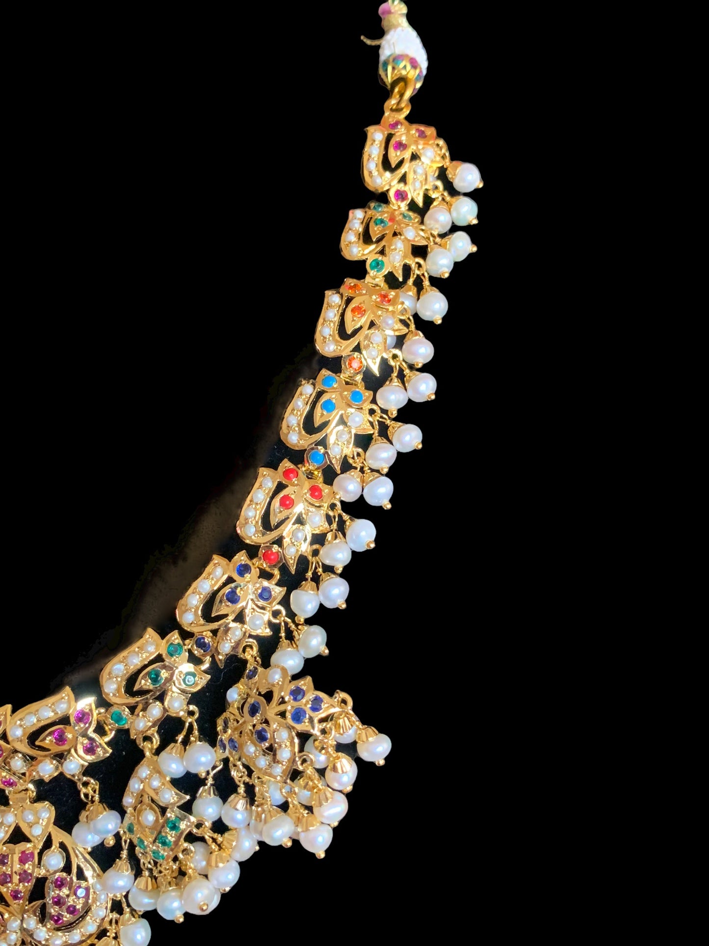 Navratan necklace  set with fresh water pearls in gold plated silver ( READY TO SHIP )