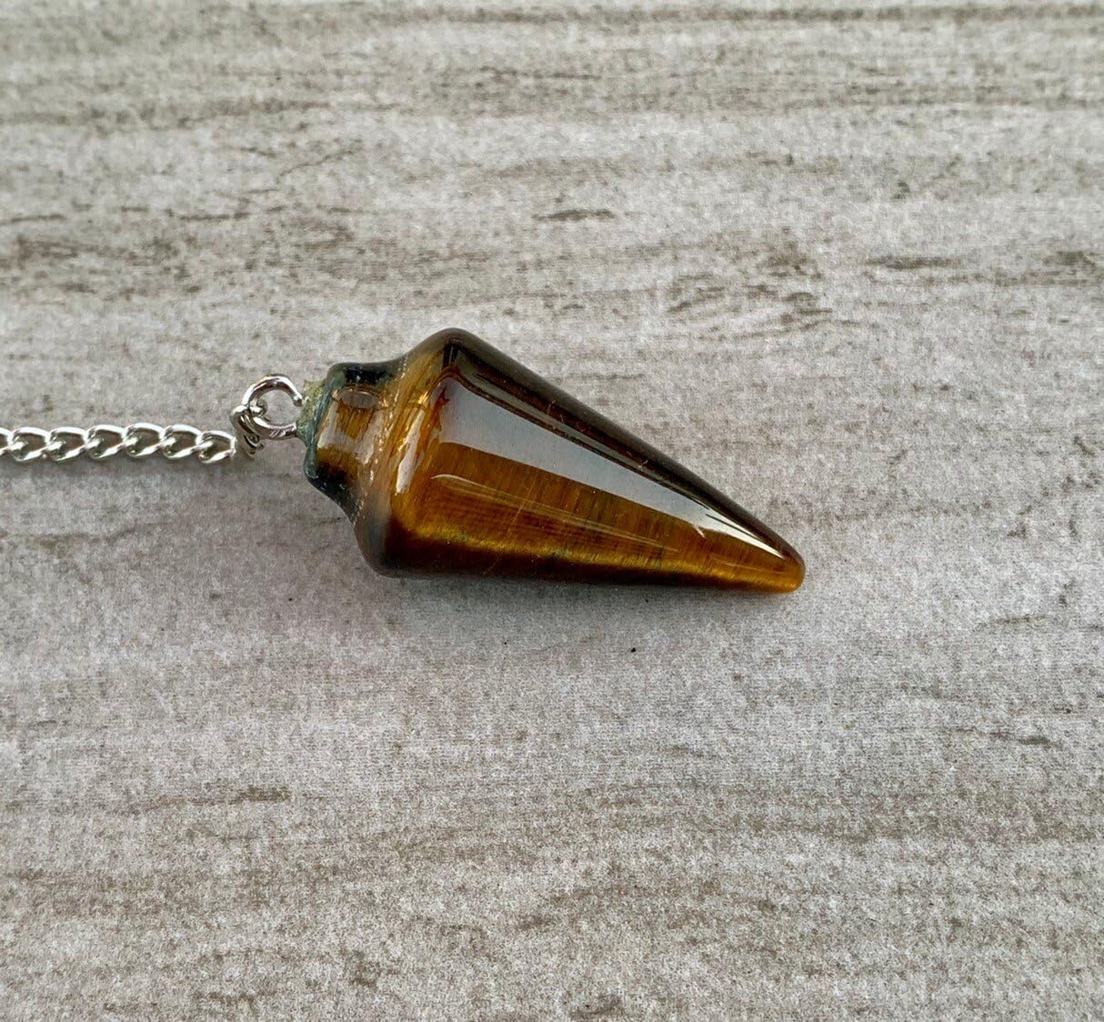 Natural Gemstone Smooth Conical Crystal Pendulum with Charm, Nickle Free Chain, Reiki Meditation Dowsing Tool (Tigers Eye)