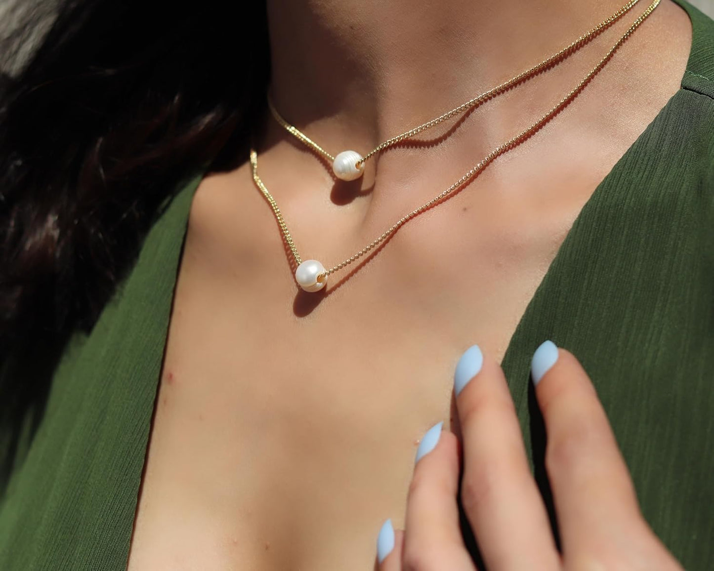 Extrinsic Beauty Natural freshwater pearl 18K Gold Plated Curb Chain Necklaces set of 2, Dainty Layered Design for Women - sea & sky collection wedding gift, women gift