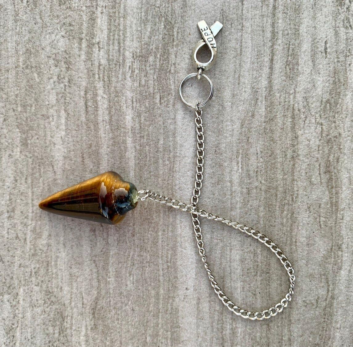 Natural Gemstone Smooth Conical Crystal Pendulum with Charm, Nickle Free Chain, Reiki Meditation Dowsing Tool (Tigers Eye)