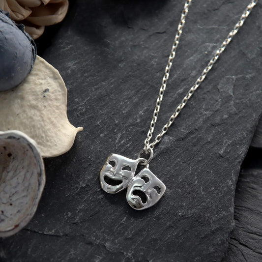 Tiny Comedy & Tragedy Mask Necklace – Sterling Silver on 18" Dainty Chain