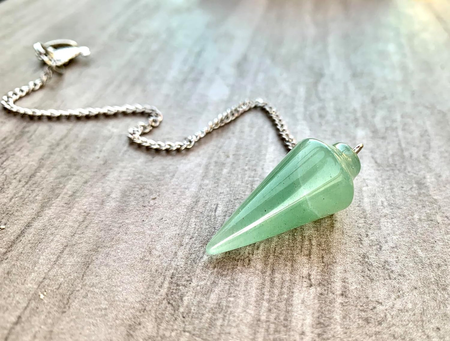 Handmade Natural Gemstone Smooth Conical Crystal Pendulum with Charm, Free Chain, Reiki Meditation Dowsing Tool (Green Aventurine)