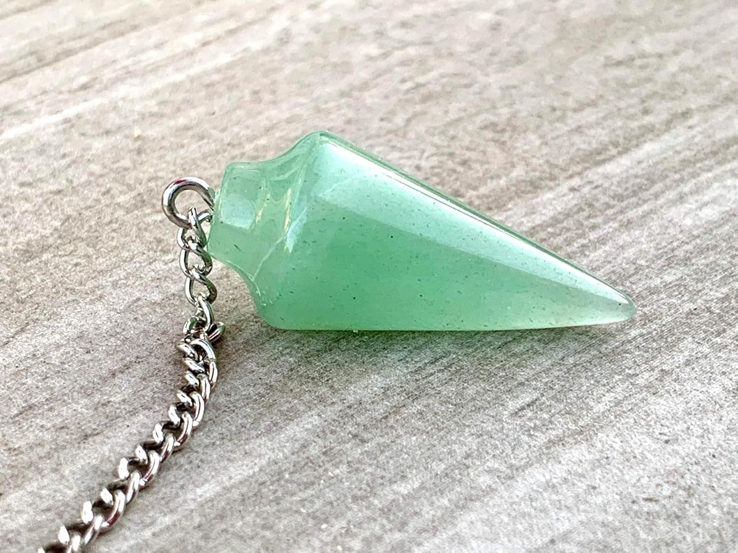 Handmade Natural Gemstone Smooth Conical Crystal Pendulum with Charm, Free Chain, Reiki Meditation Dowsing Tool (Green Aventurine)